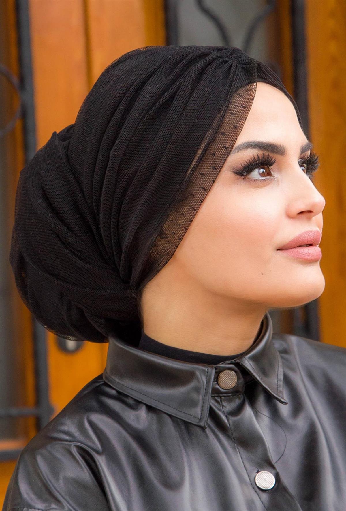 Siyah Tül Büzgülü Dolama Bone