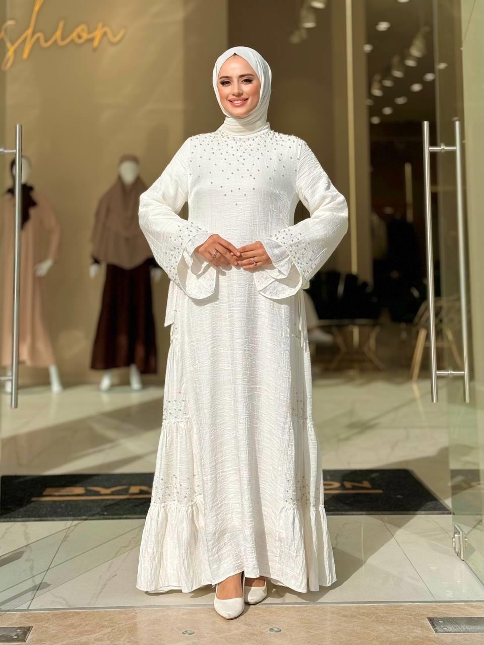 Taş İşlemeli Elbise Beyaz