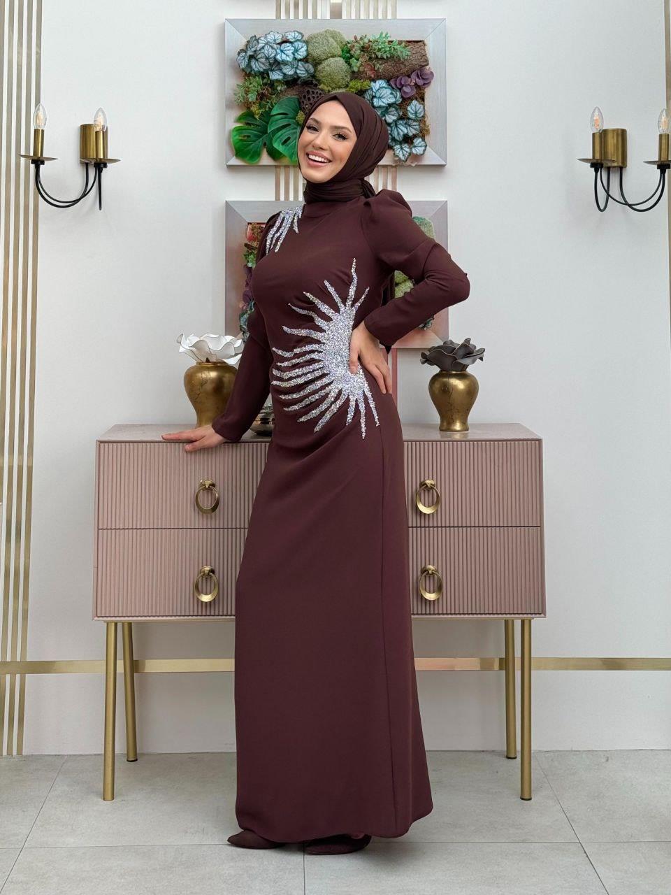 Taşlı Abiye Elbise  Kahverengi