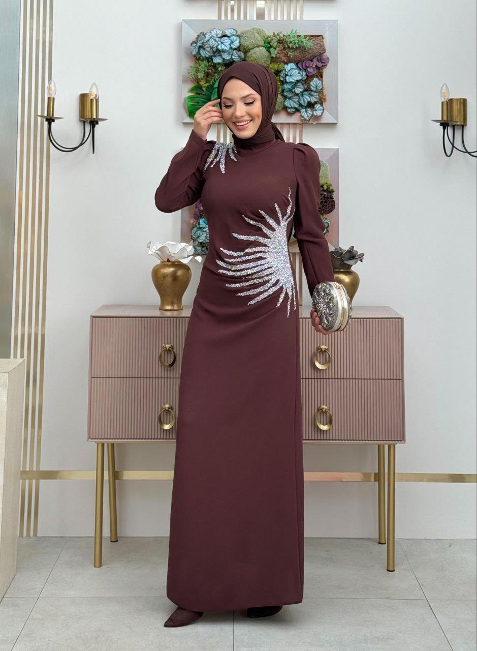 Taşlı Abiye Elbise  Kahverengi