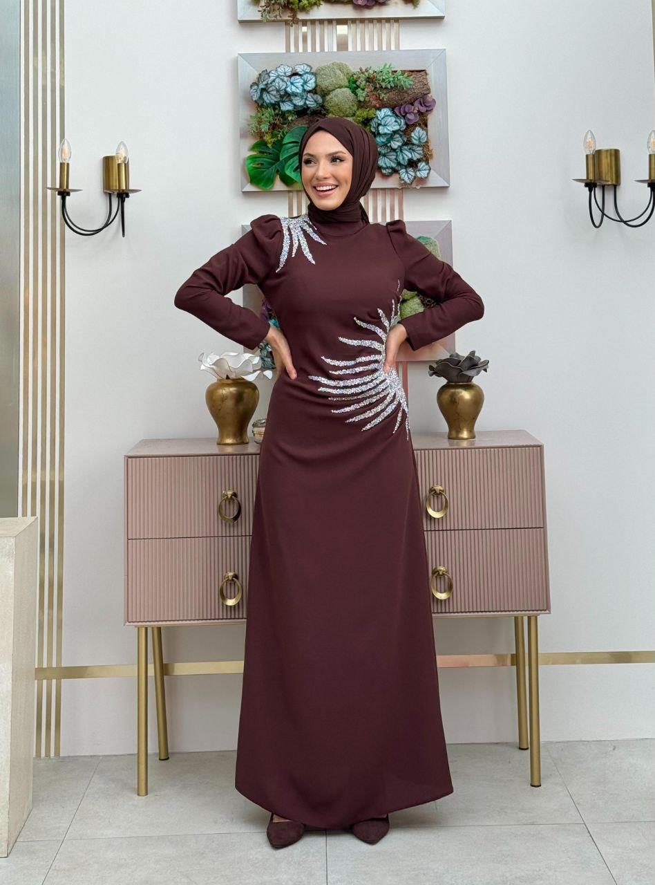 Taşlı Abiye Elbise  Kahverengi