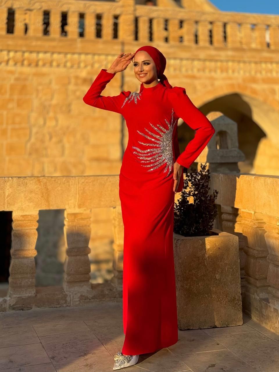 Taşlı Abiye Elbise  Kırmızı