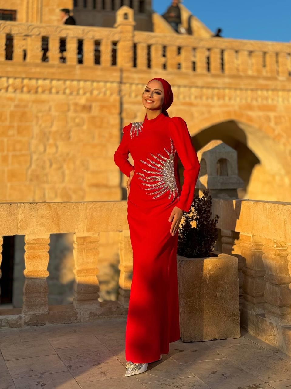 Taşlı Abiye Elbise  Kırmızı