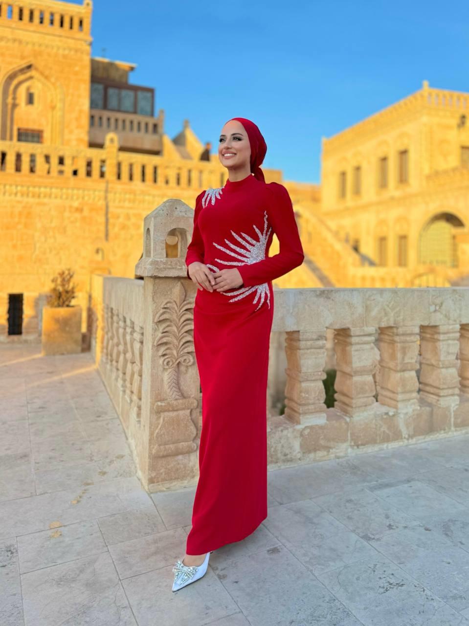 Taşlı Abiye Elbise  Kırmızı