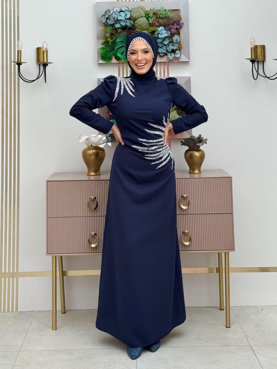 Taşlı Abiye Elbise Lacivert