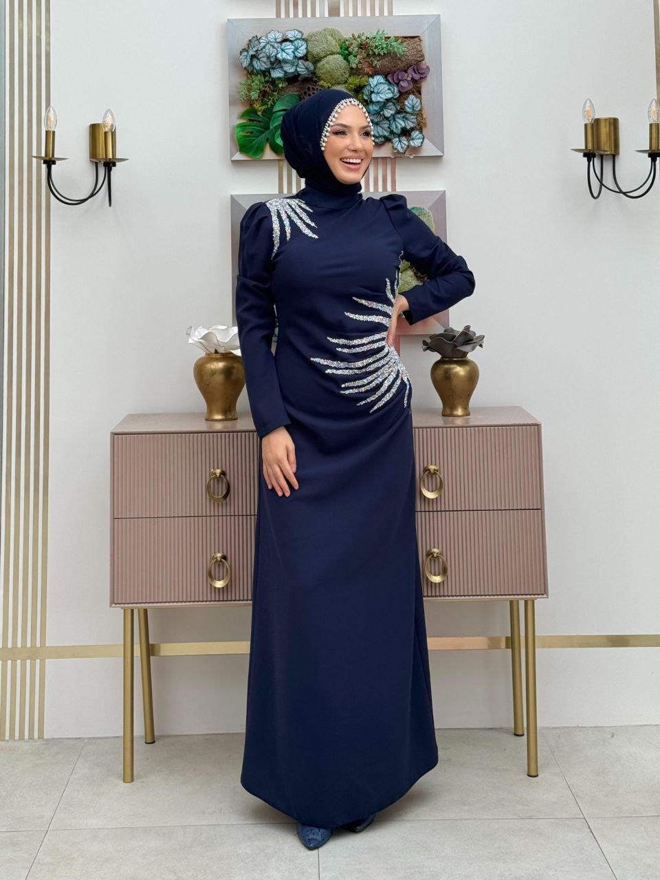 Taşlı Abiye Elbise Lacivert