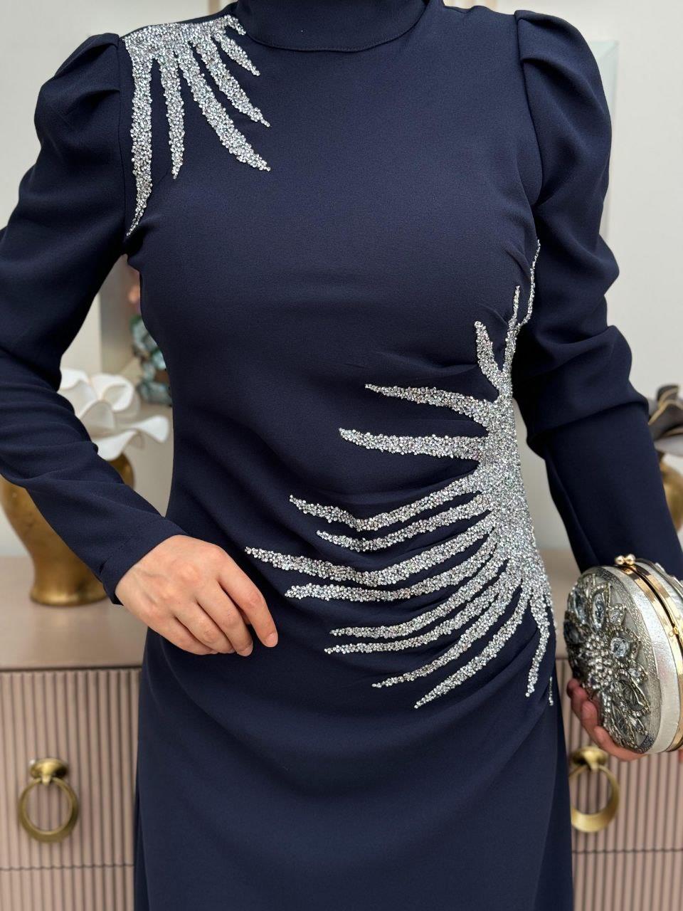 Taşlı Abiye Elbise Lacivert