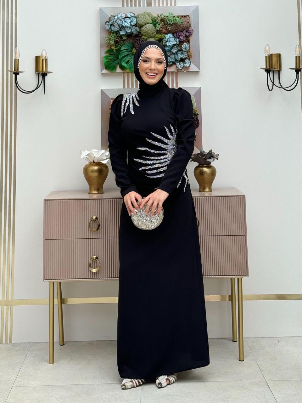 Taşlı Abiye Elbise Siyah