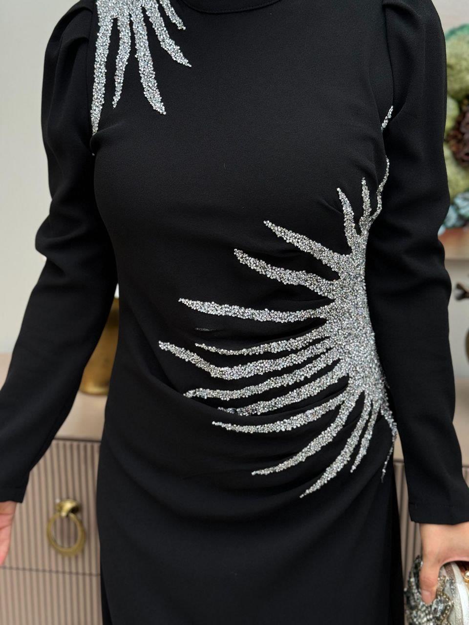 Taşlı Abiye Elbise Siyah