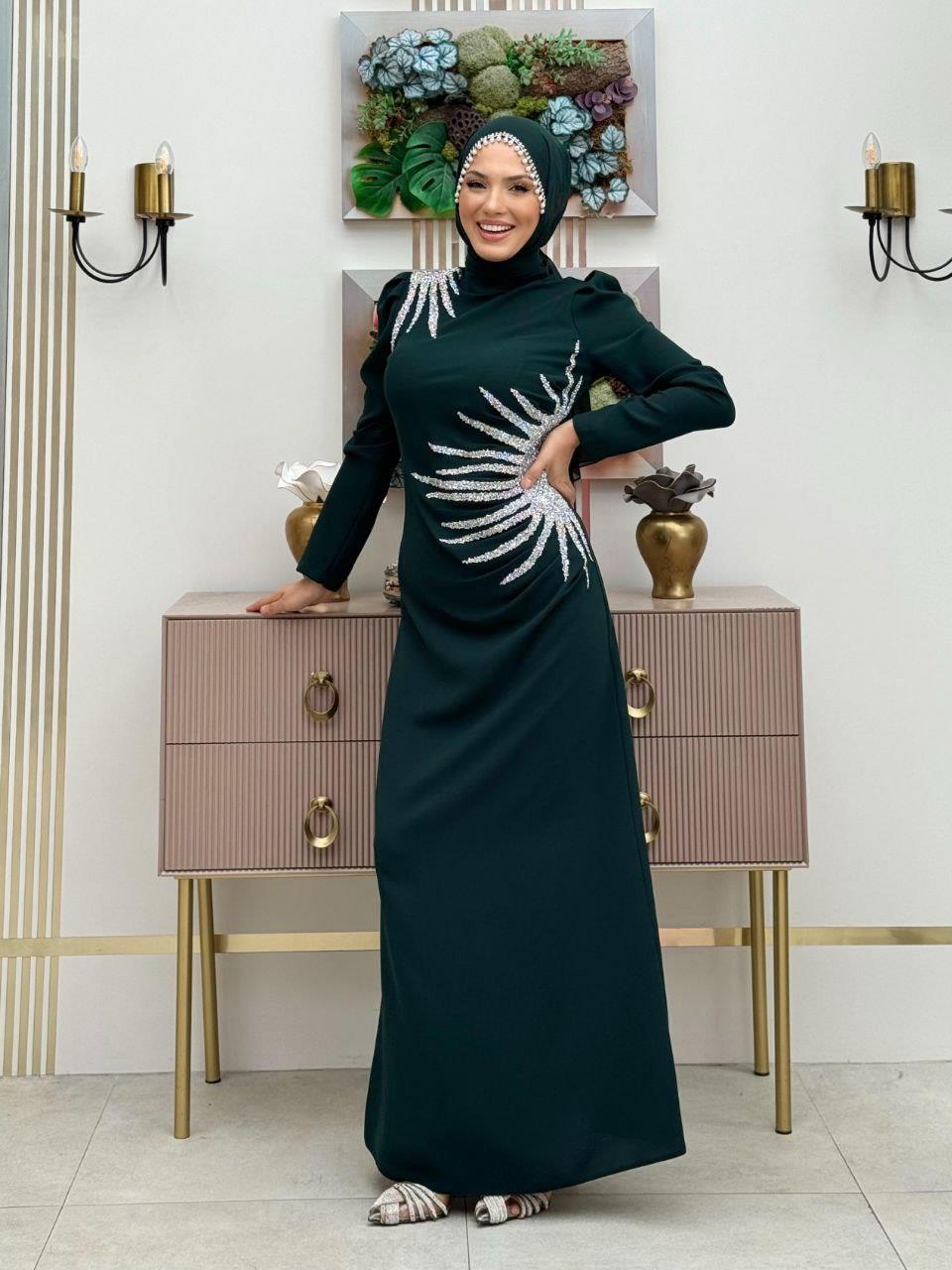 Taşlı Abiye Elbise Zümrüt