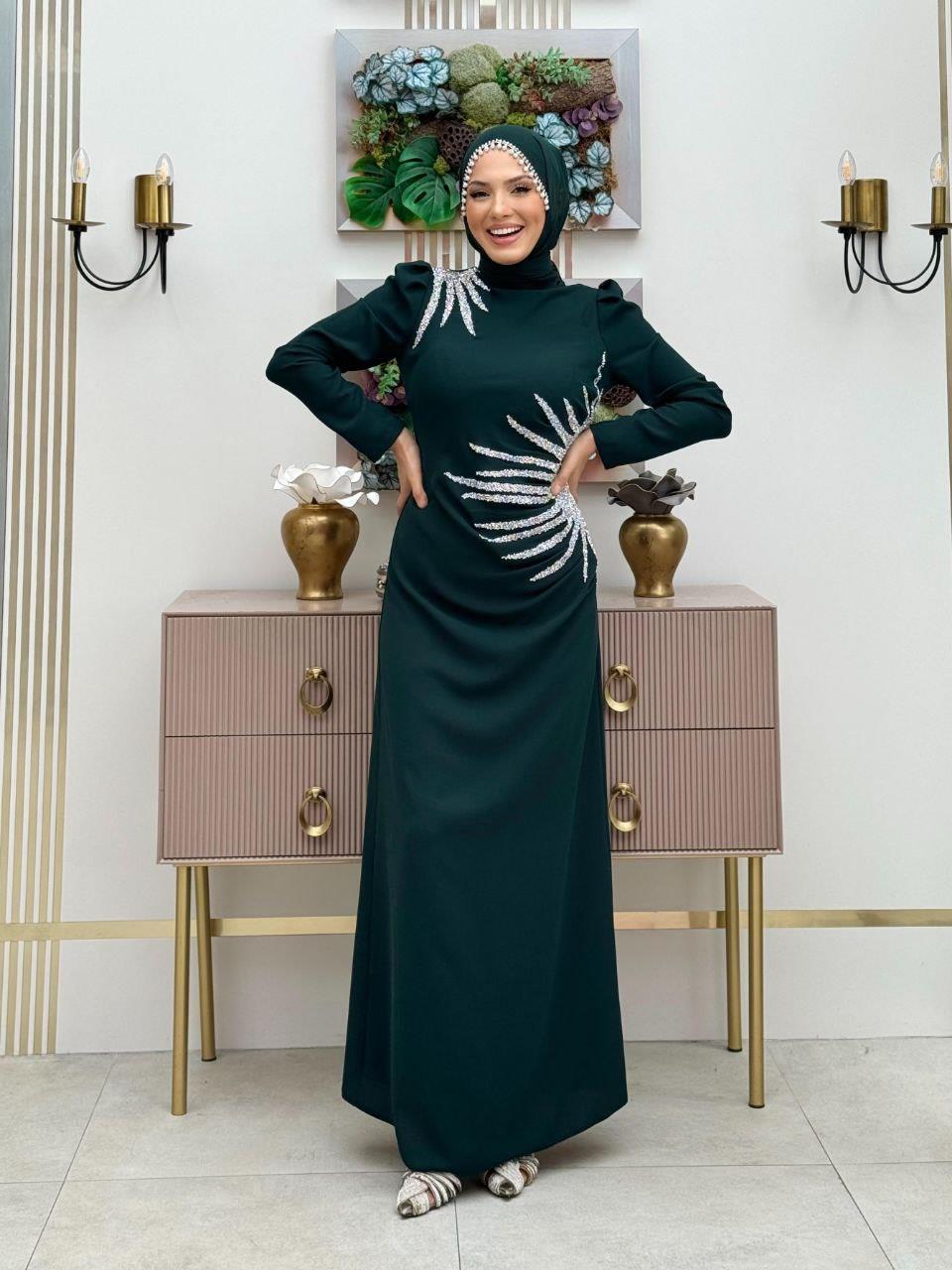 Taşlı Abiye Elbise Zümrüt