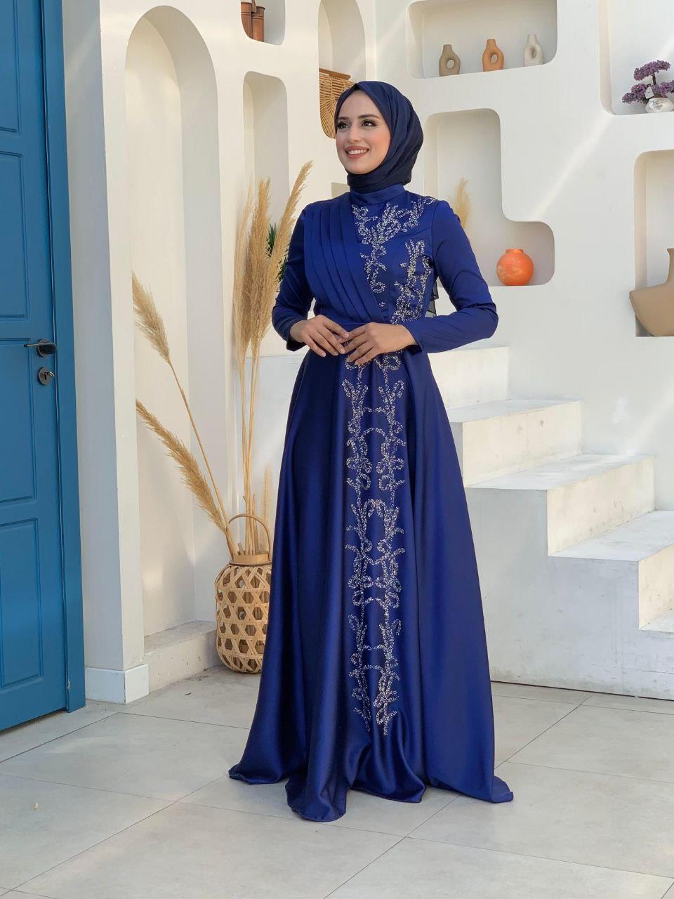 Taşli Kemer Aksesuarlı Saten Abiye Elbise Lacivert