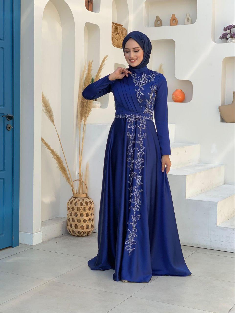 Taşli Kemer Aksesuarlı Saten Abiye Elbise Lacivert