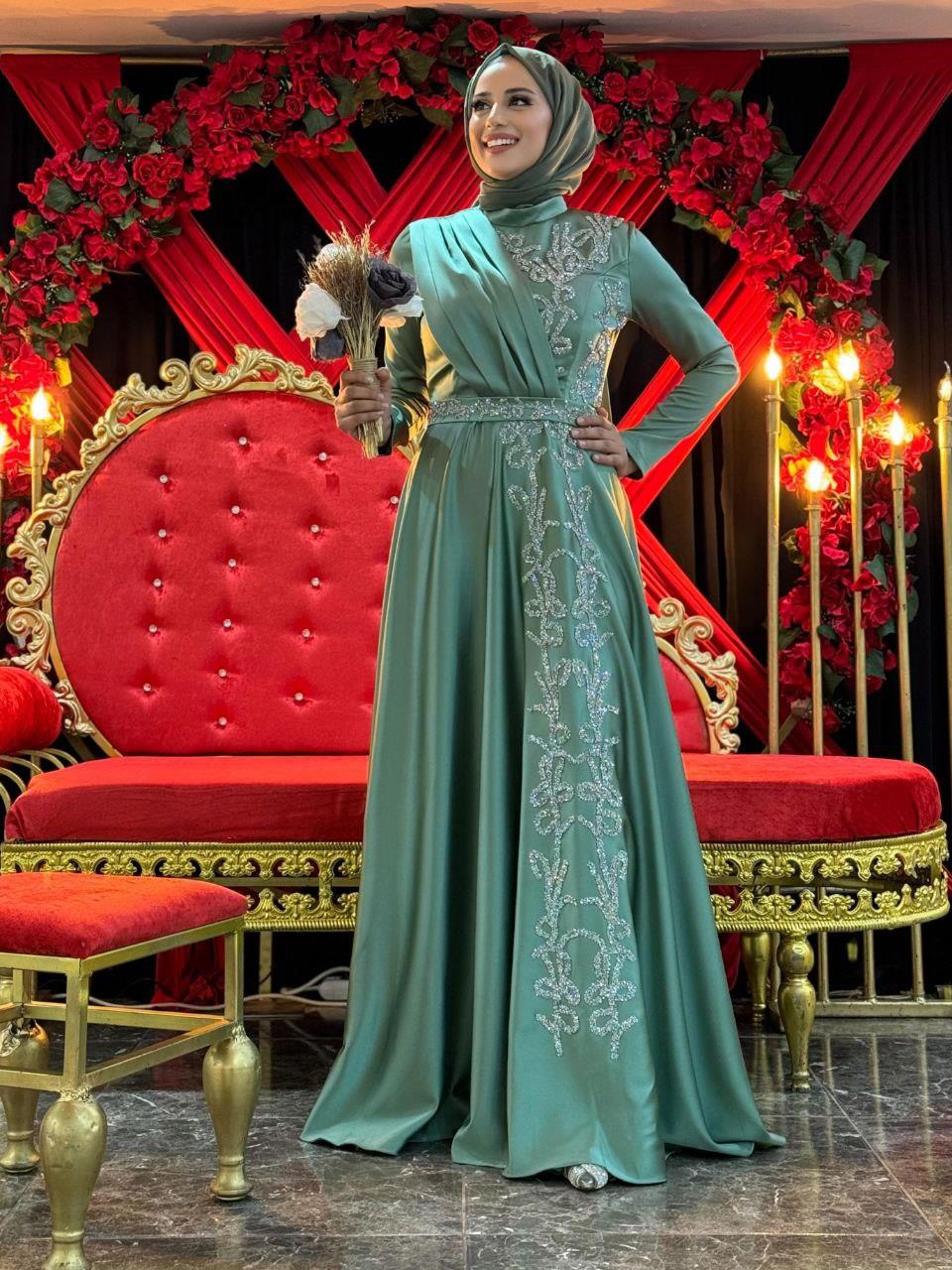 Taşli Kemer Aksesuarlı Saten Abiye Elbise Mint