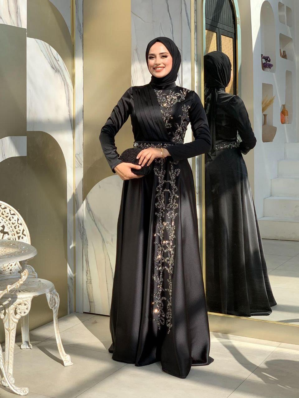 Taşli Kemer Aksesuarlı Saten Abiye Elbise Siyah