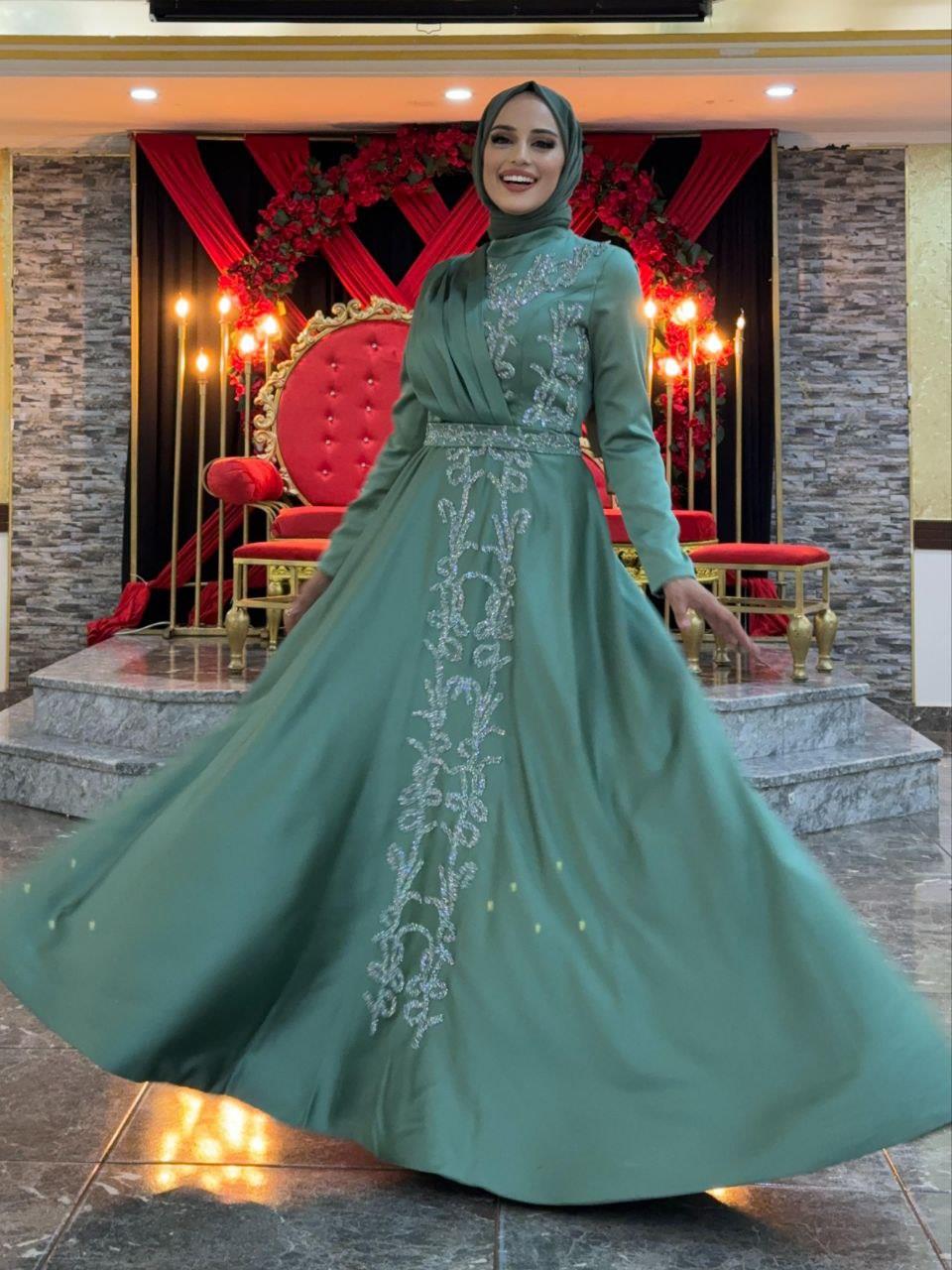 Taşli Kemer Aksesuarlı Saten Abiye Elbise Mint