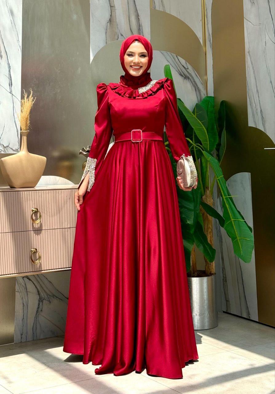 Taşlı Saten Abiye Bordo 