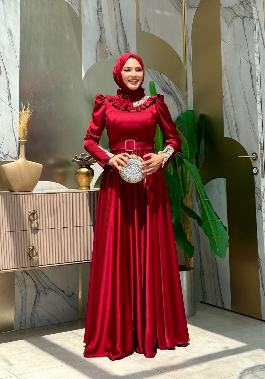 Taşlı Saten Abiye Bordo 