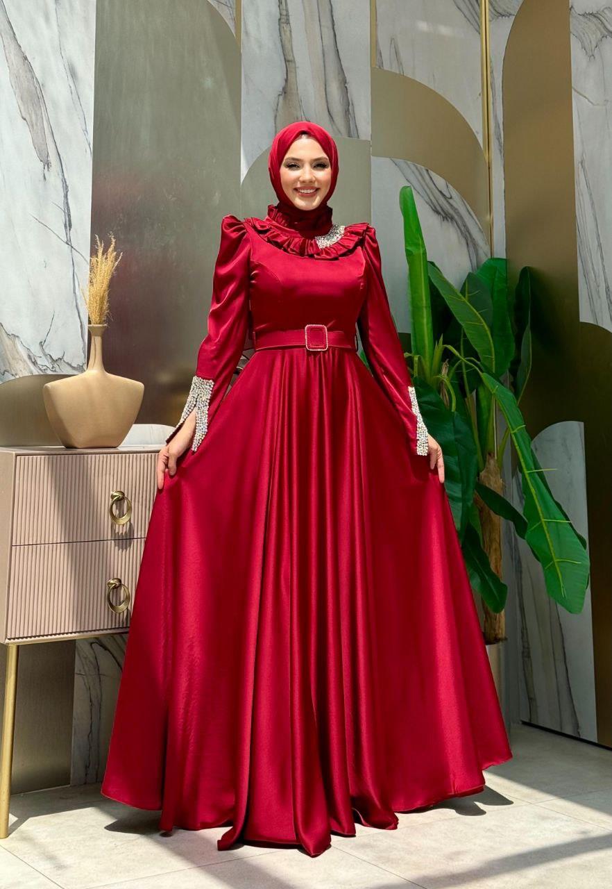 Taşlı Saten Abiye Bordo 