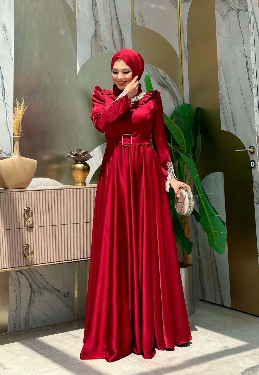 Taşlı Saten Abiye Bordo 