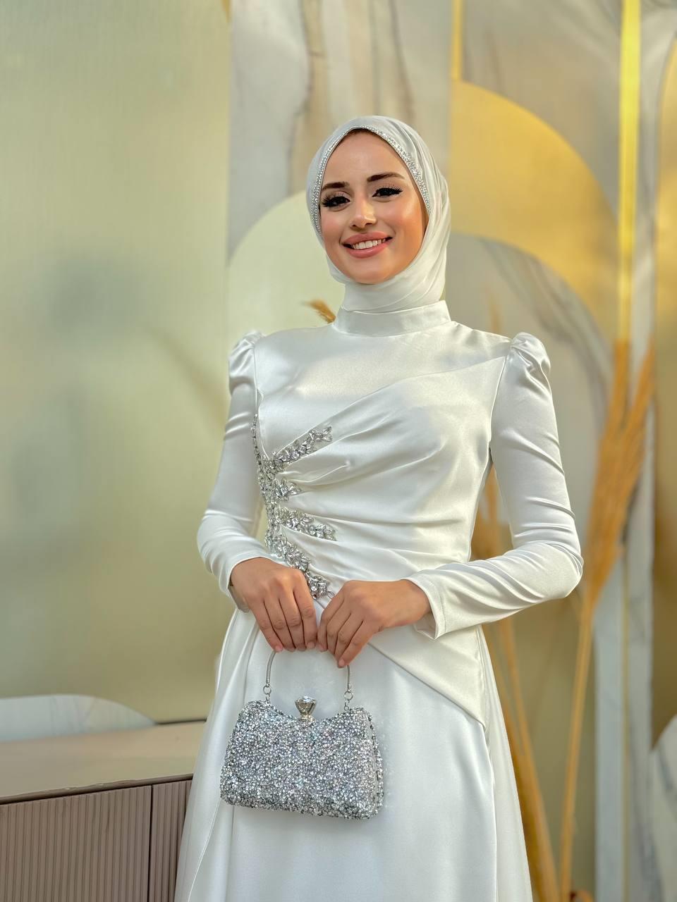 Taşlı Saten Abiye Ekru