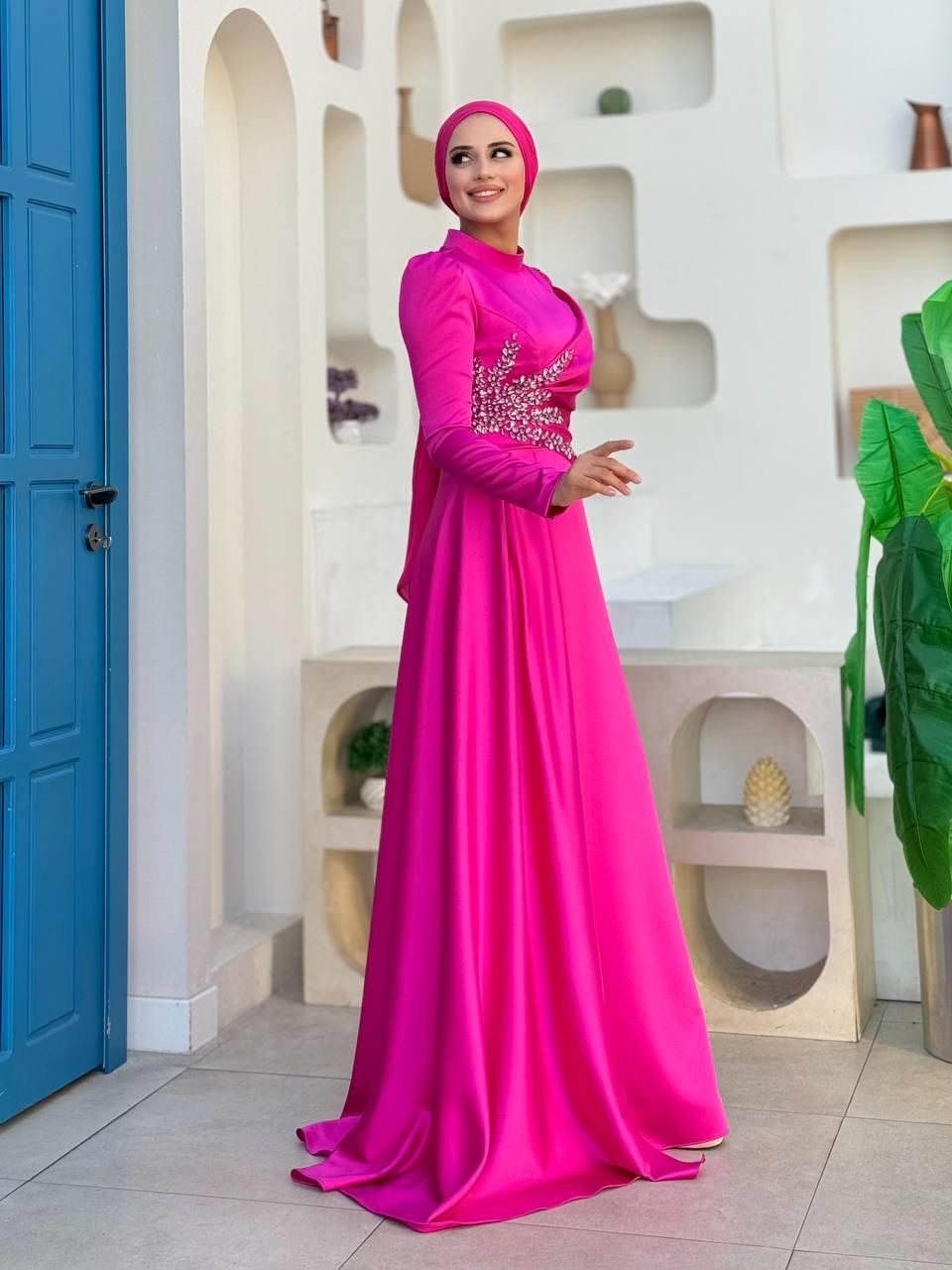 Taşlı Saten Abiye Fuşya 