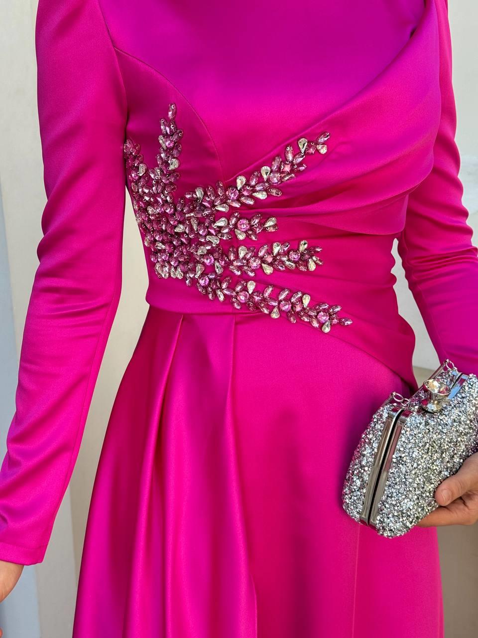 Taşlı Saten Abiye Fuşya 