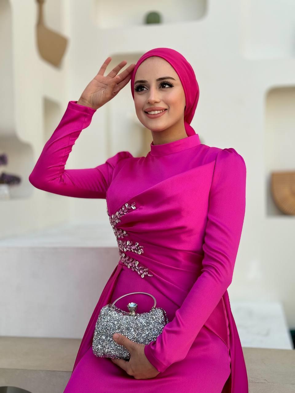 Taşlı Saten Abiye Fuşya 