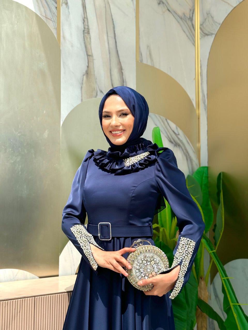 Taşlı Saten Abiye Lacivert