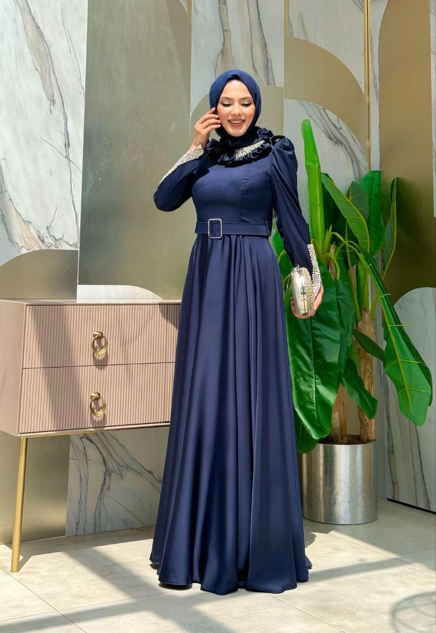 Taşlı Saten Abiye Lacivert