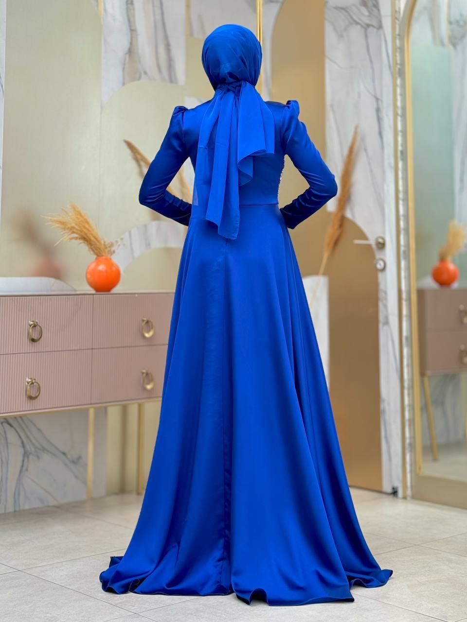 Taşlı Saten Abiye Lacivert