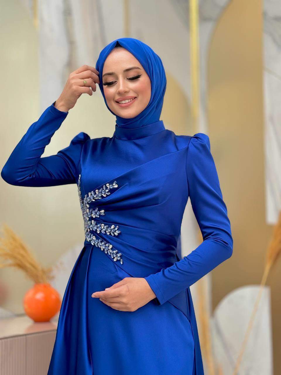 Taşlı Saten Abiye Lacivert