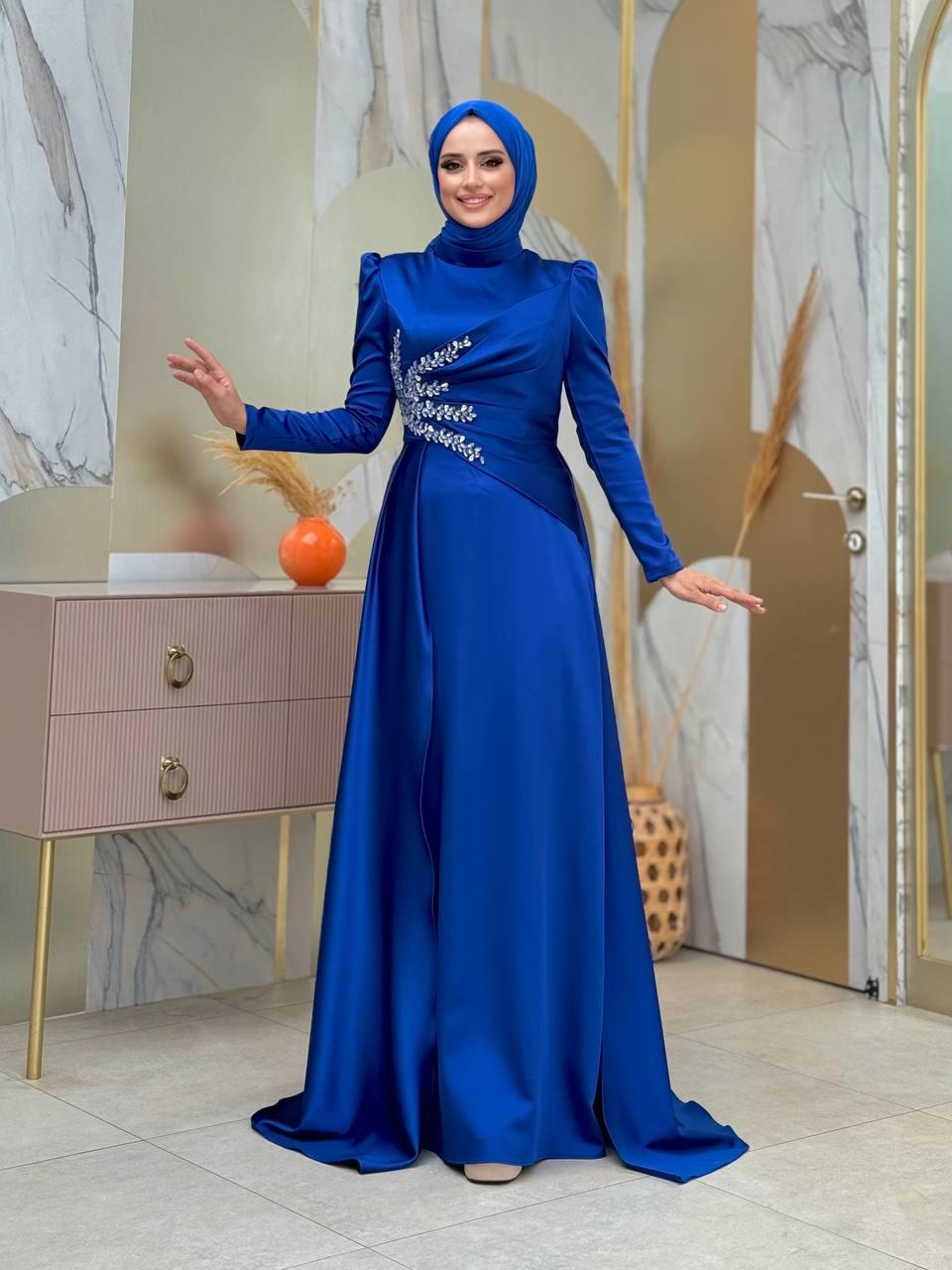 Taşlı Saten Abiye Lacivert