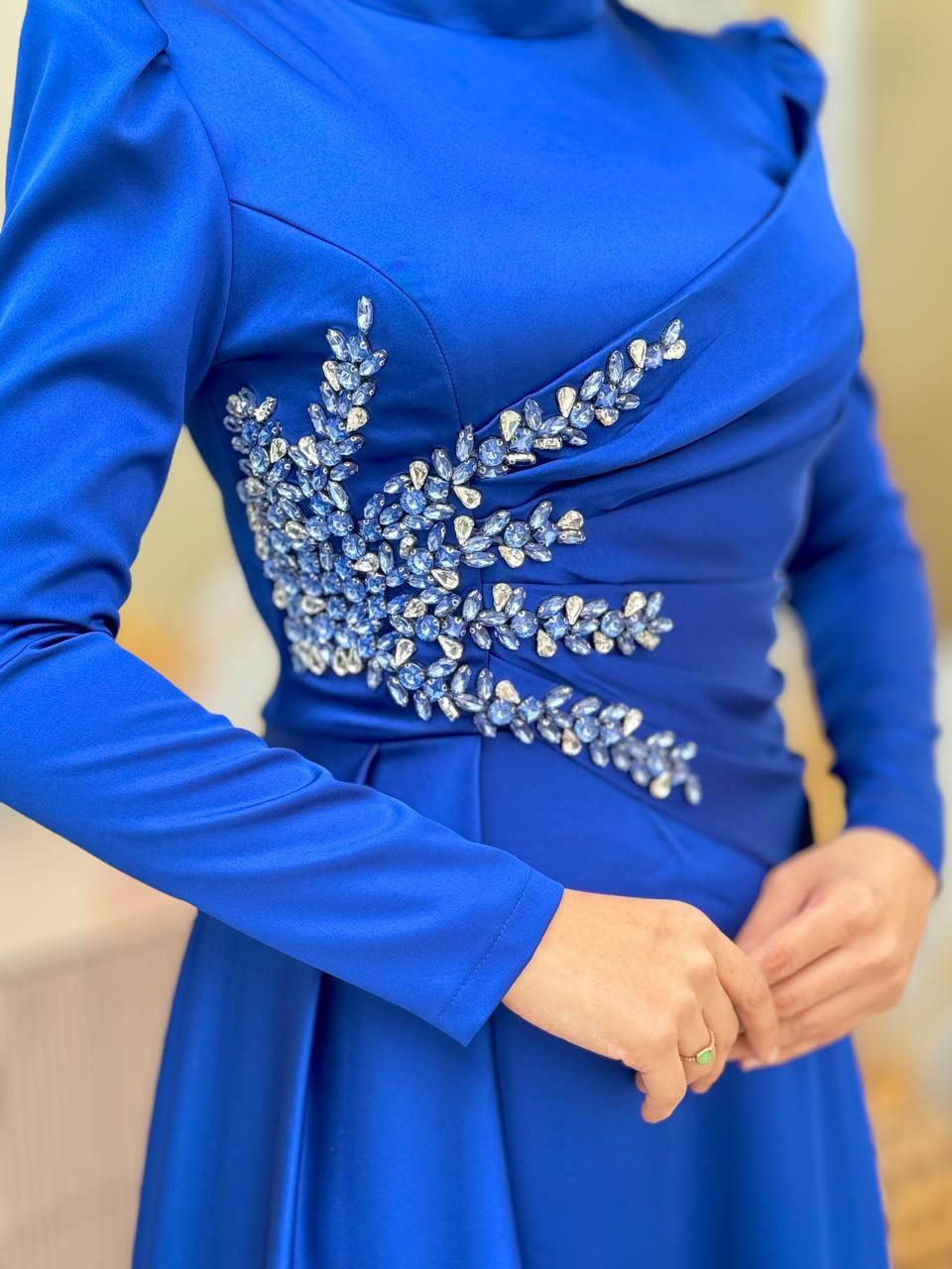 Taşlı Saten Abiye Lacivert