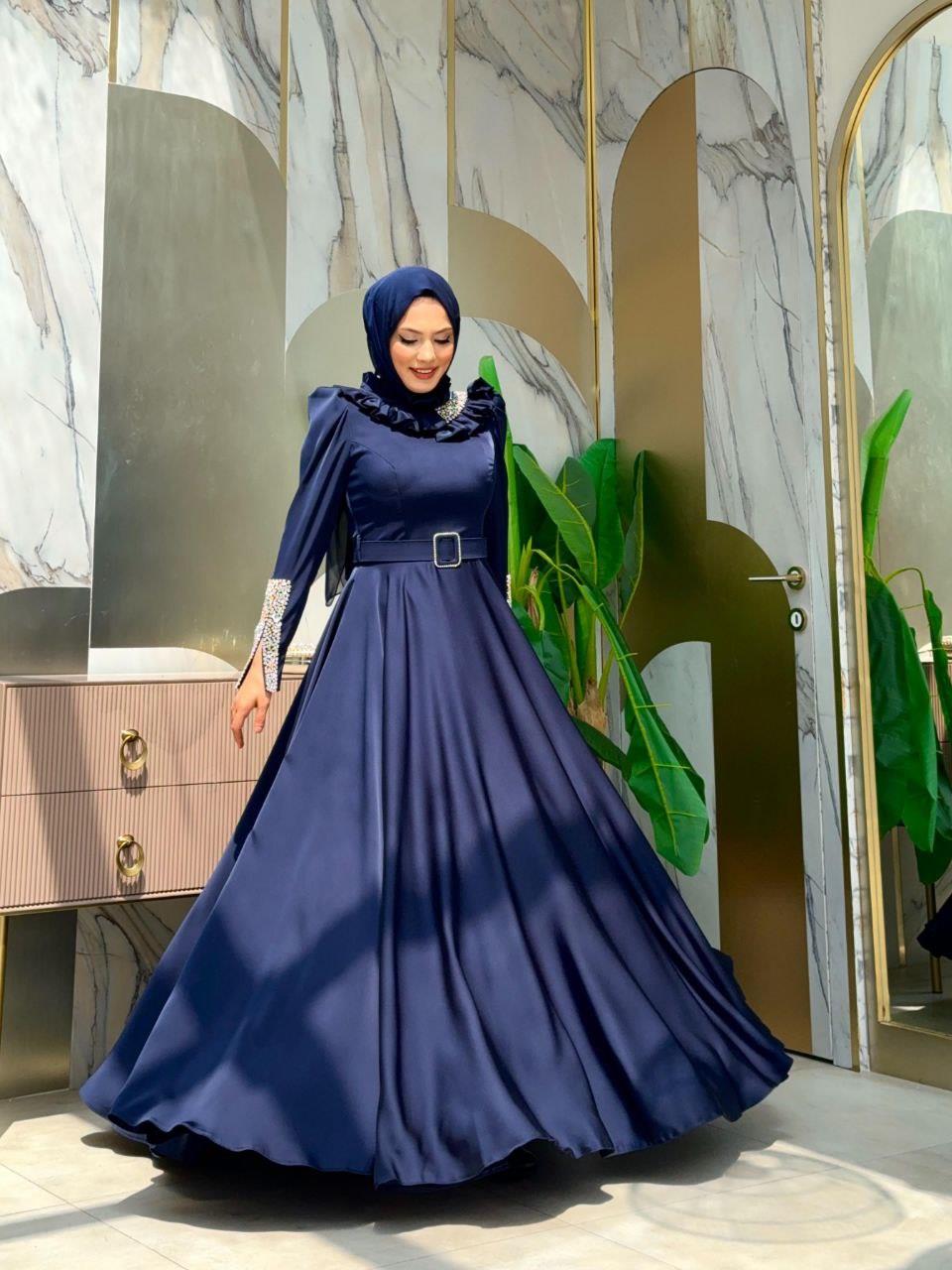 Taşlı Saten Abiye Lacivert