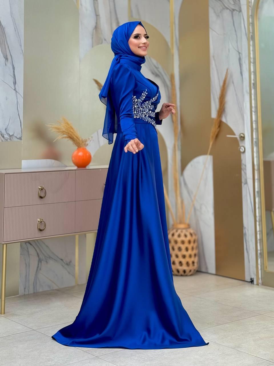 Taşlı Saten Abiye Lacivert