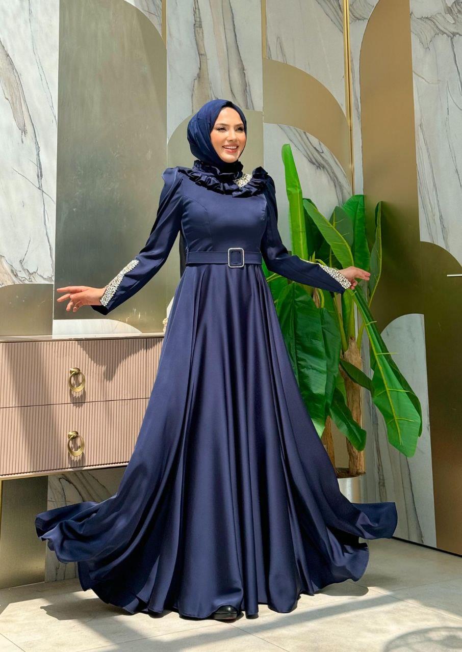 Taşlı Saten Abiye Lacivert