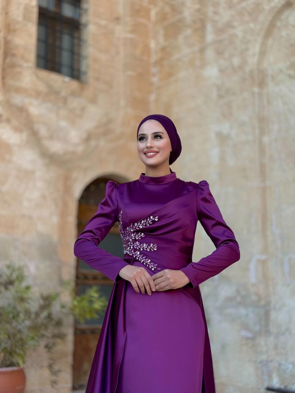 Taşlı Saten Abiye Mürdüm 