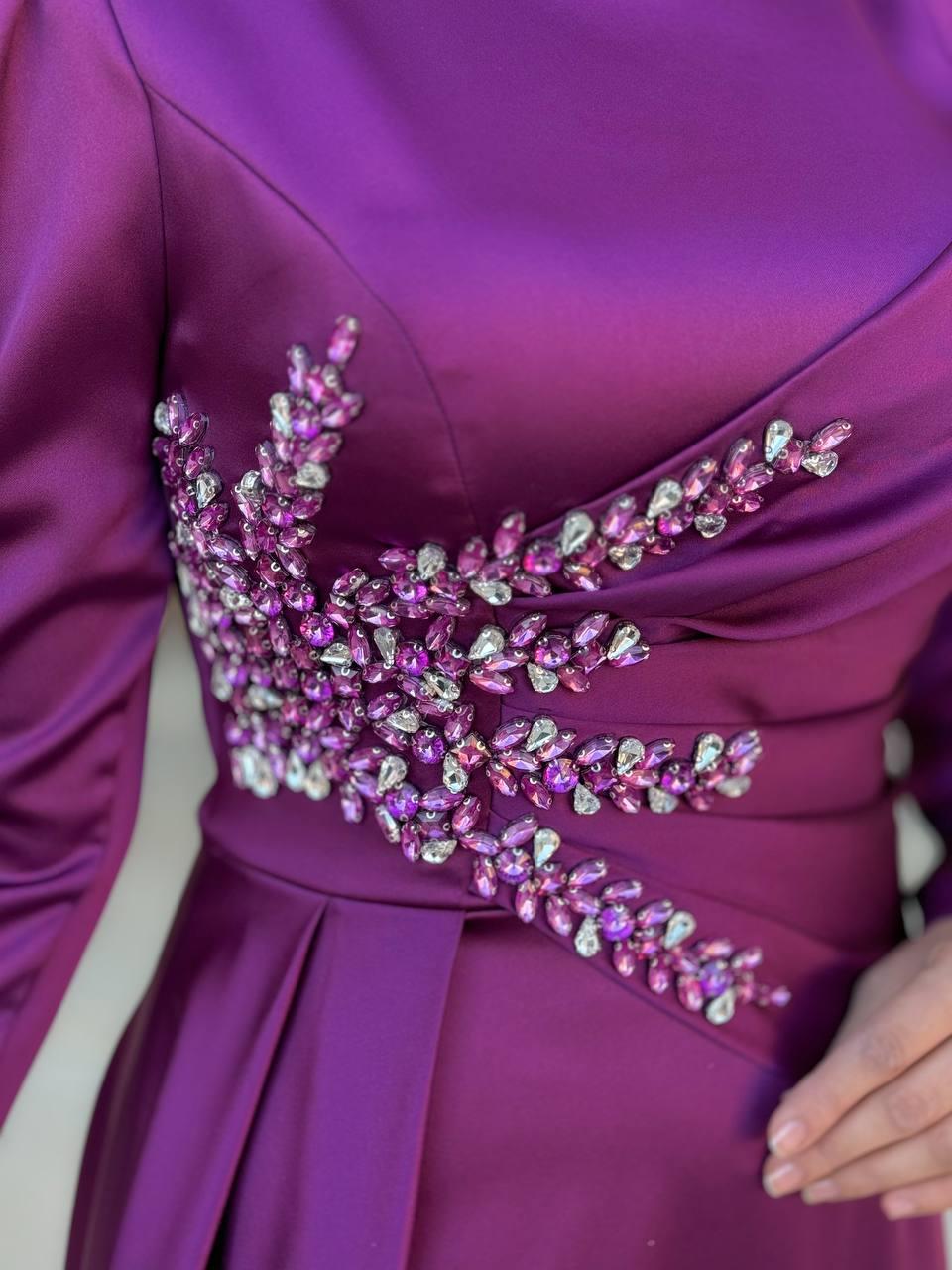 Taşlı Saten Abiye Mürdüm 