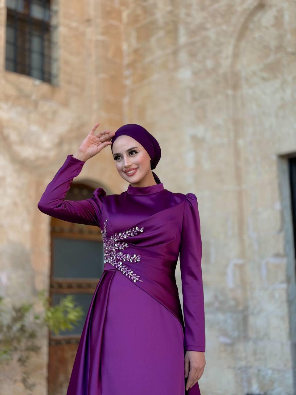 Taşlı Saten Abiye Mürdüm 