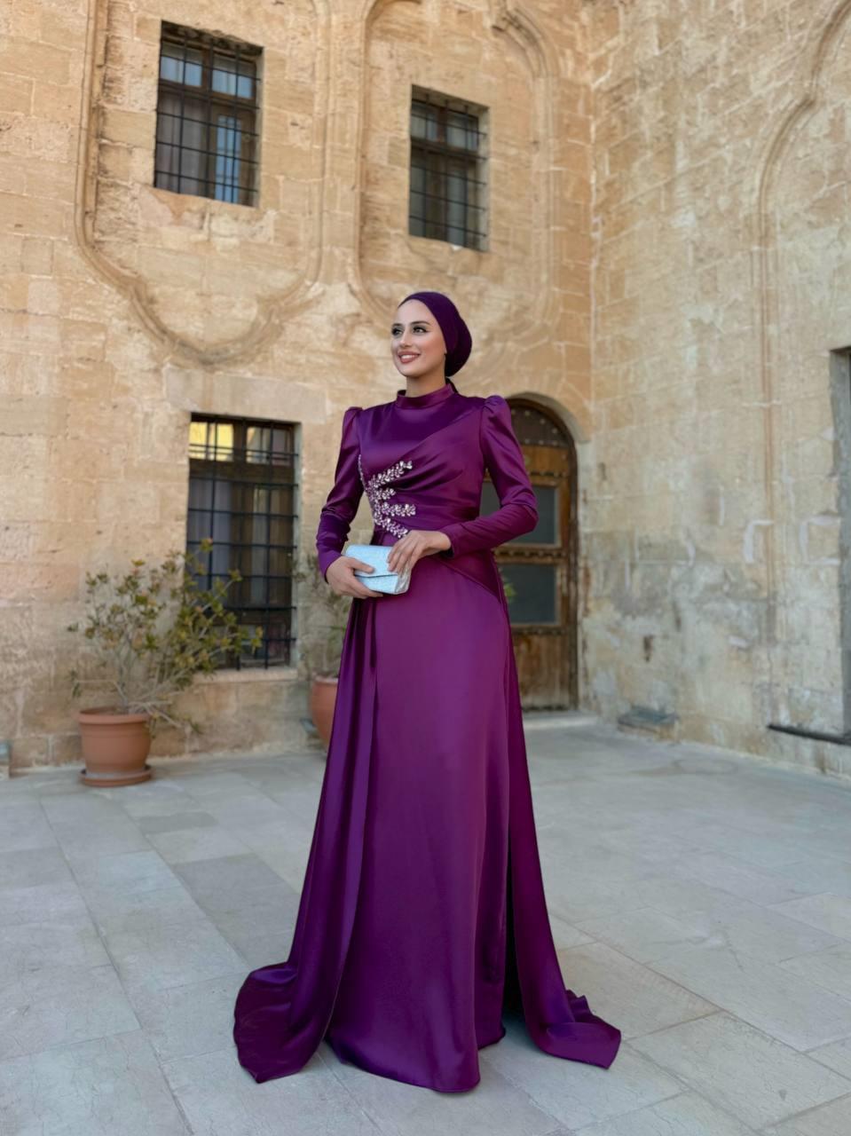 Taşlı Saten Abiye Mürdüm 