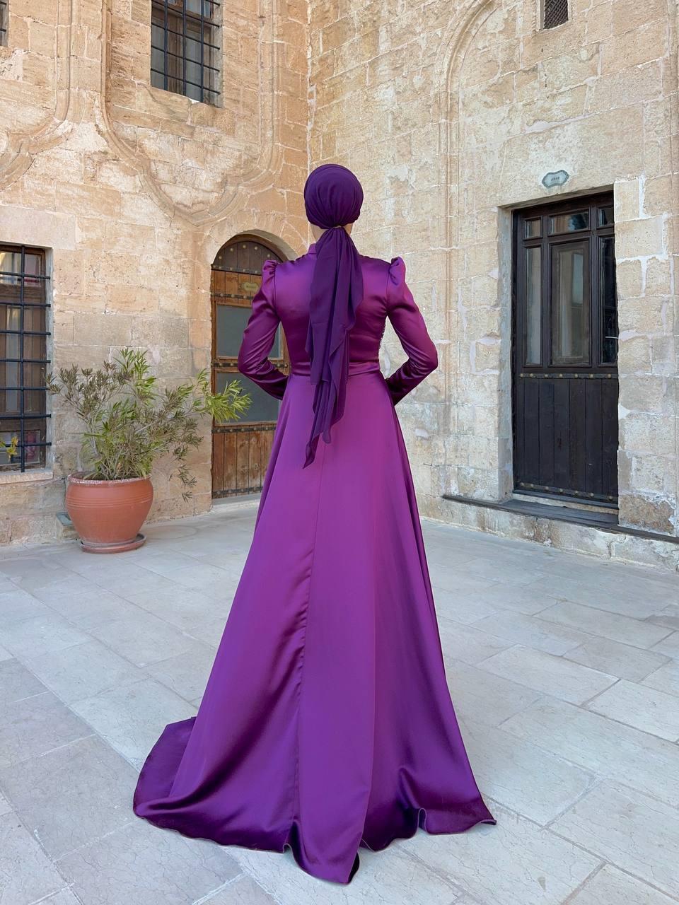 Taşlı Saten Abiye Mürdüm 