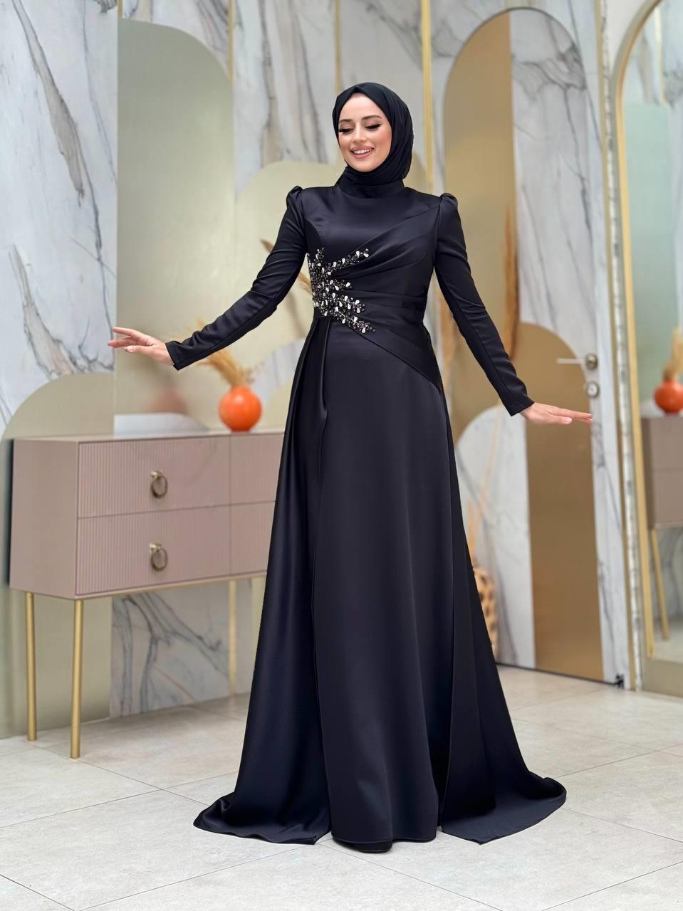 Taşlı Saten Abiye Siyah