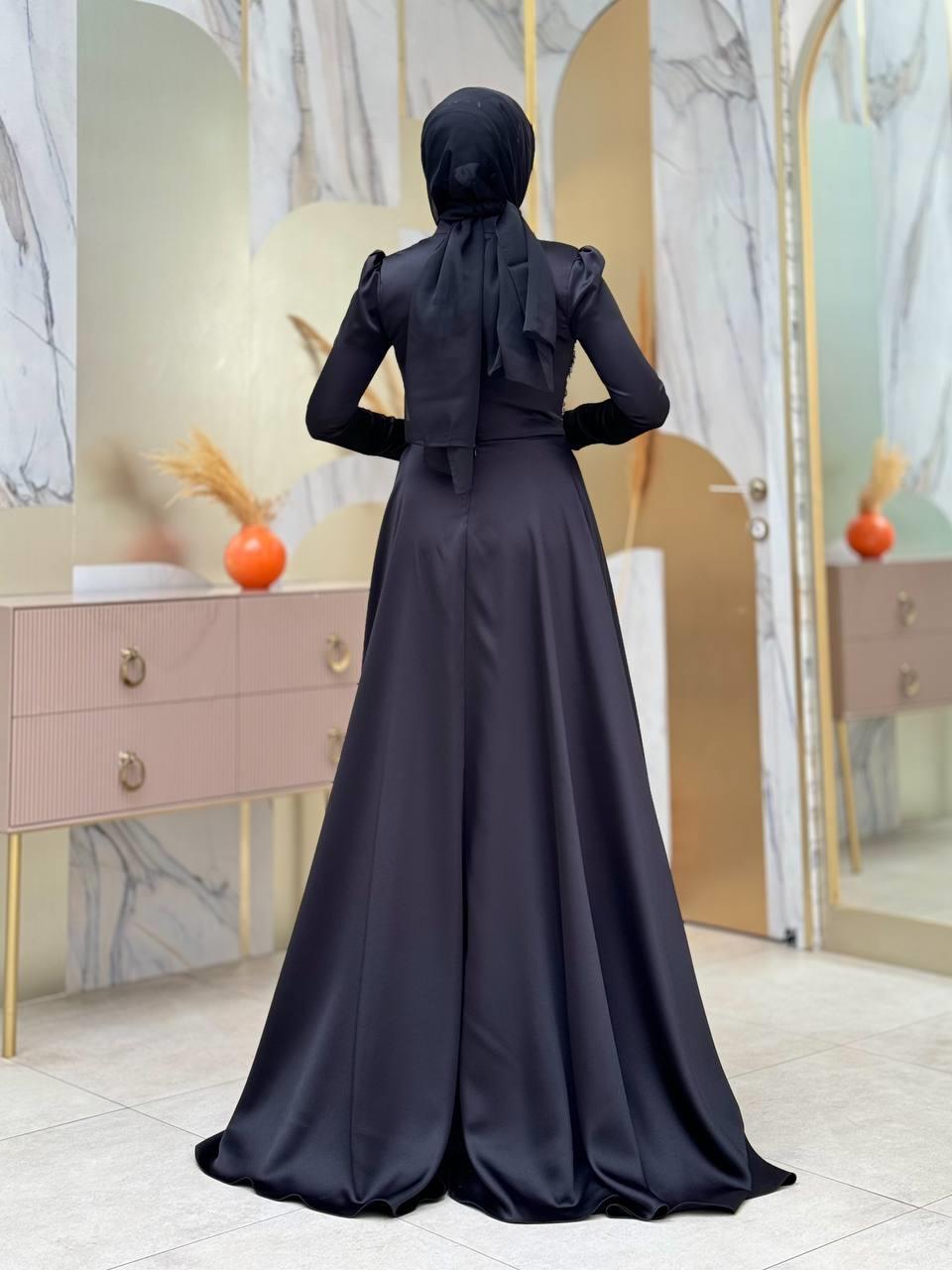 Taşlı Saten Abiye Siyah