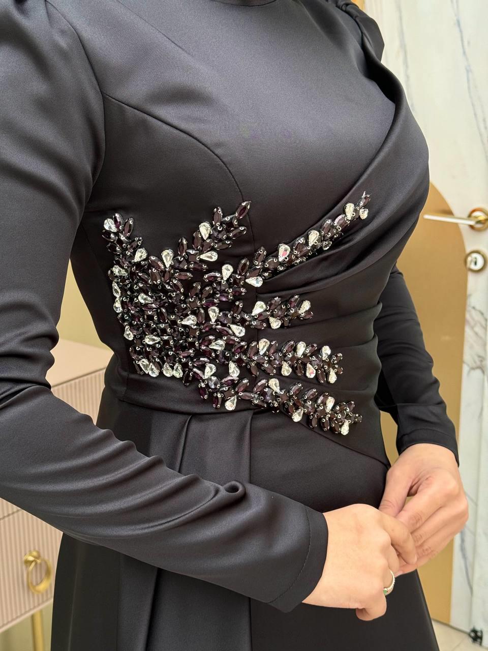 Taşlı Saten Abiye Siyah