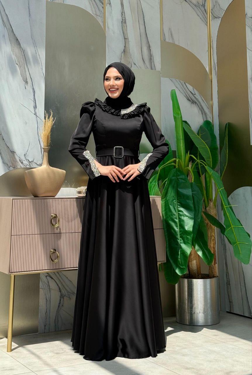 Taşlı Saten Abiye Siyah