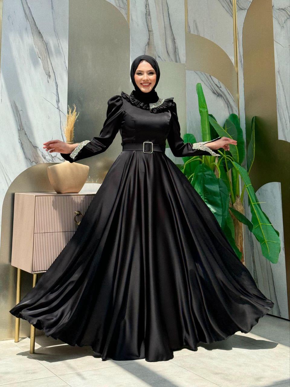 Taşlı Saten Abiye Siyah