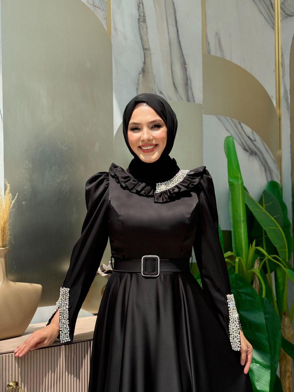 Taşlı Saten Abiye Siyah