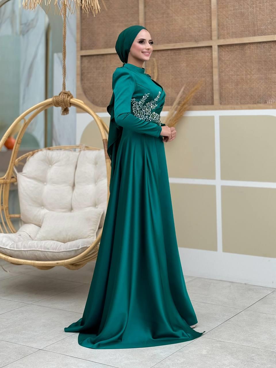 Taşlı Saten Abiye Zümrüt