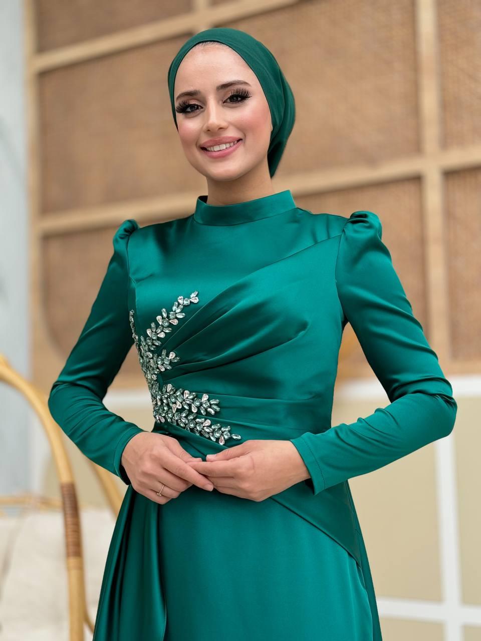 Taşlı Saten Abiye Zümrüt